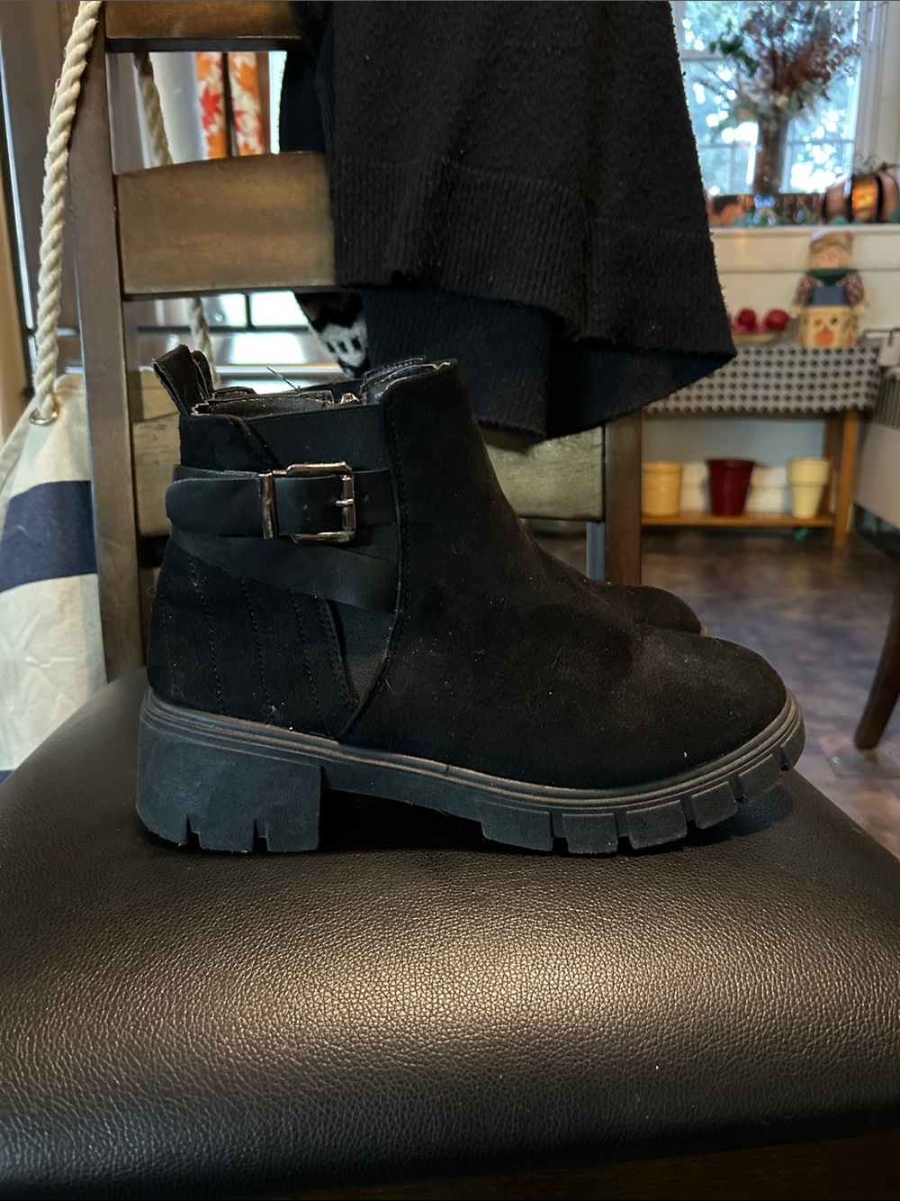 Wanted Black Suede Lug Sole Ankle Boots with Buckle Size 8.5